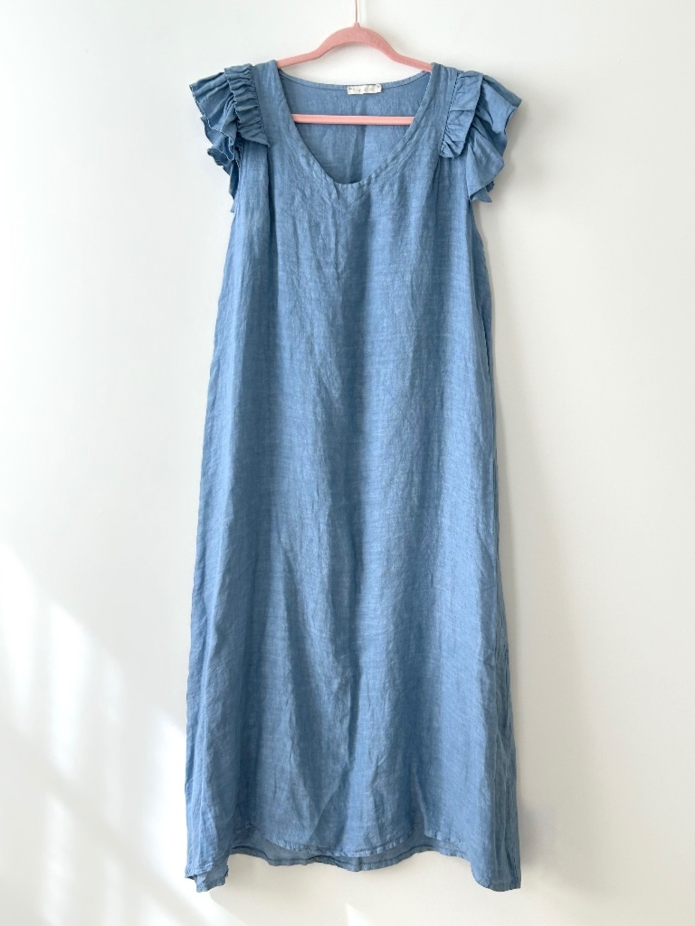 Three Stars 100% Linen Blue Flutter Sleeve Maxi Dress